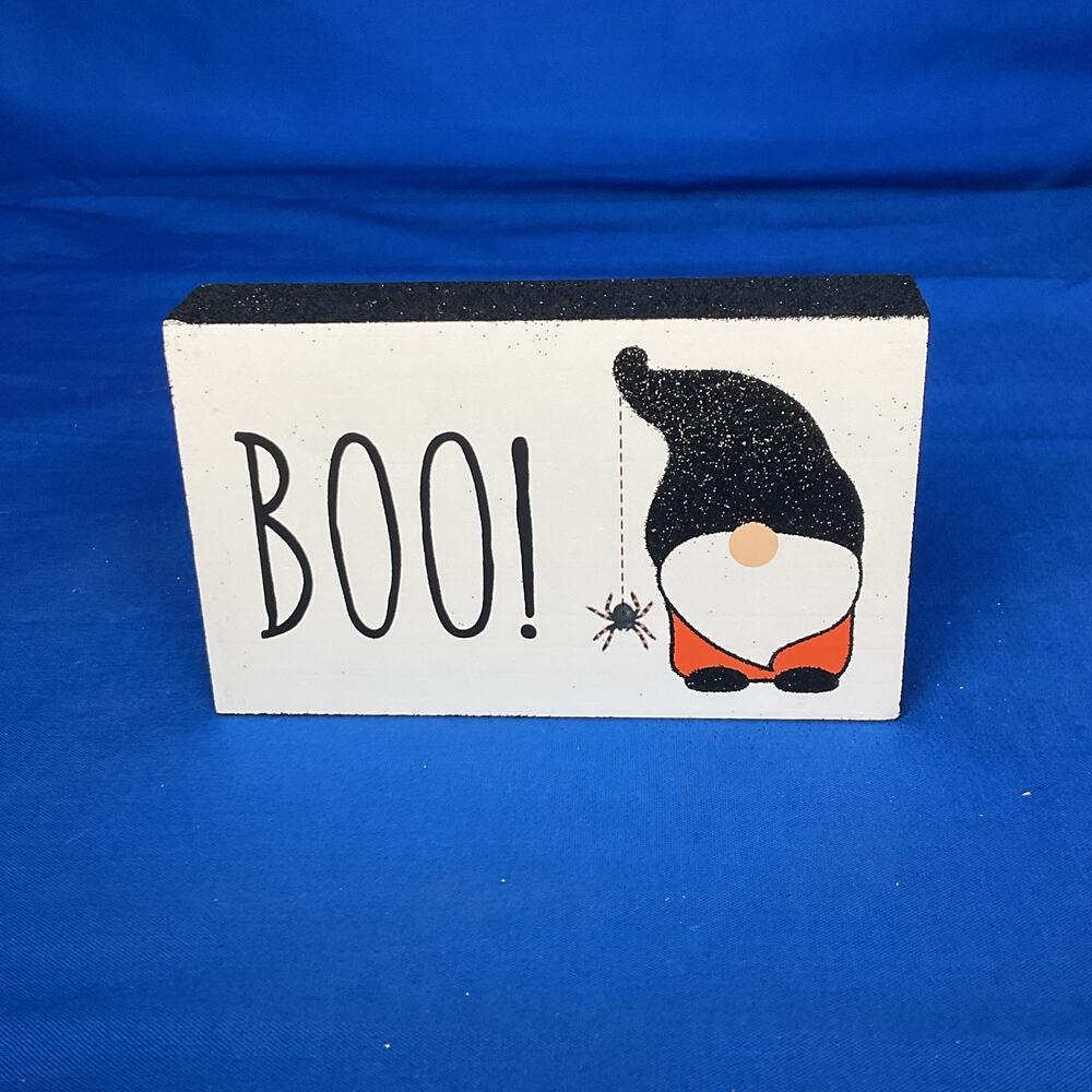 Boo Halloween Wooden Block Sign Glitter Edge Spider Gnome Tiered Tray Decor
